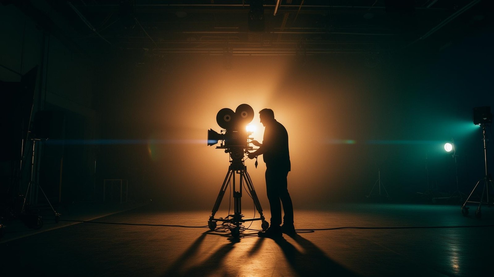 Cinematographer behind a vintage film camera on a soundstage